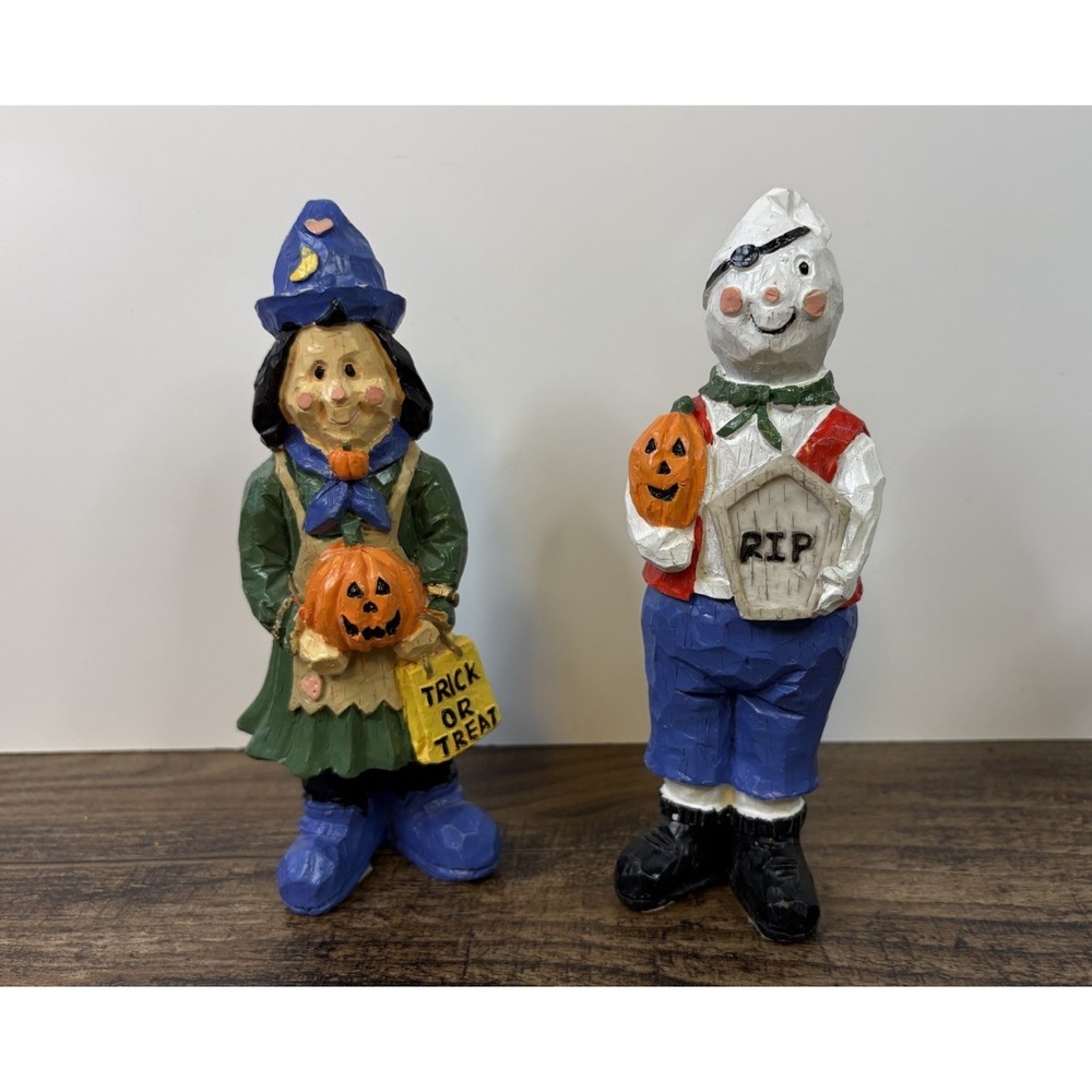 Vintage Halloween 7" Trick Of Treater Figure Lot Ghost And Witch Resin Figurines